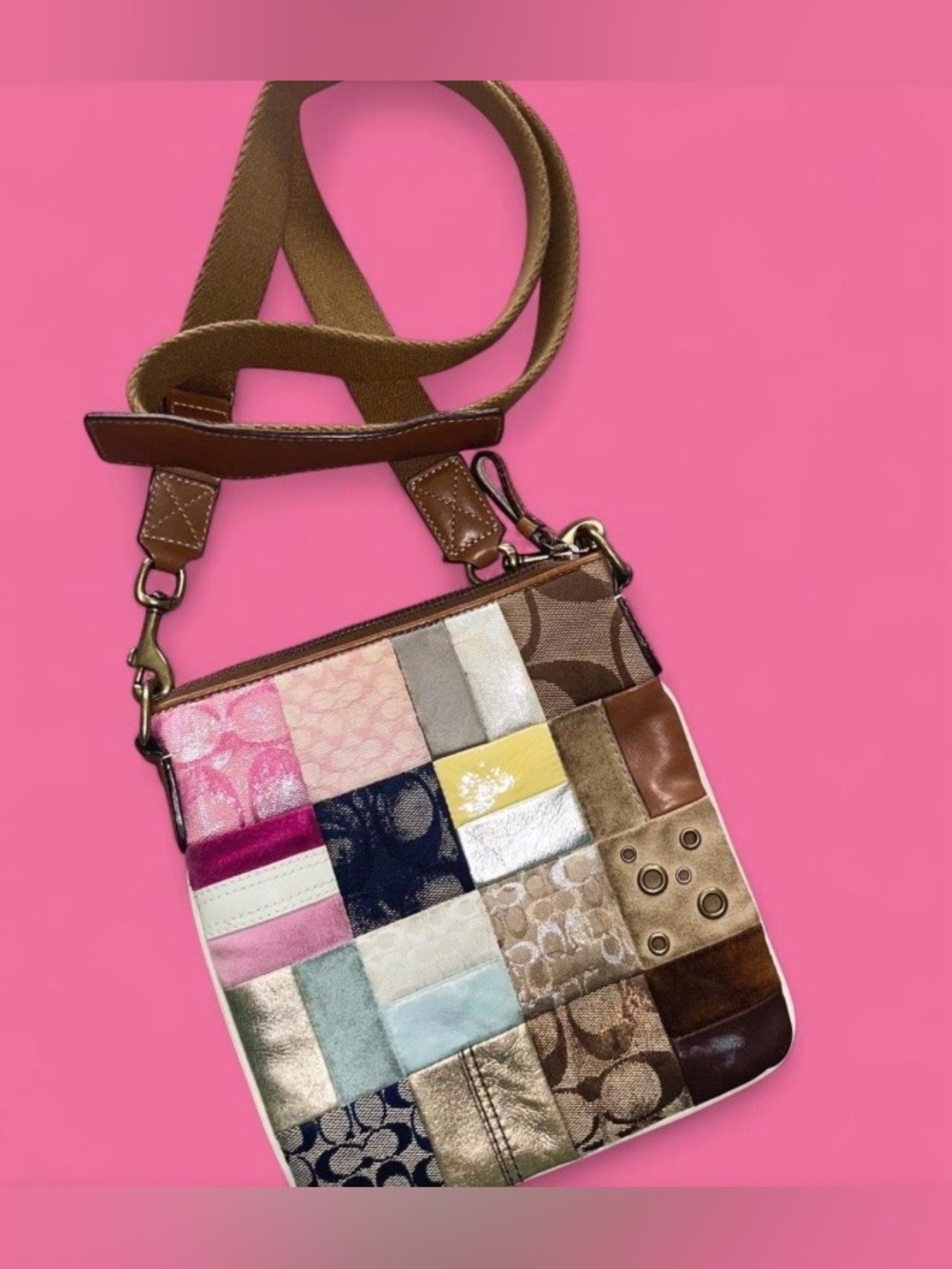 Coach Vintage Patchwork Crossbody Sling Bag in Pink, Yellow, Blue, Brown - Picture 2 of 9